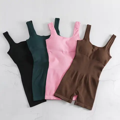 Seamless Ribbed Yoga Bodysuit with Shorts & Straps, One Piece Workout Leotard for Women, High Waisted Gym Unitard for Pilates