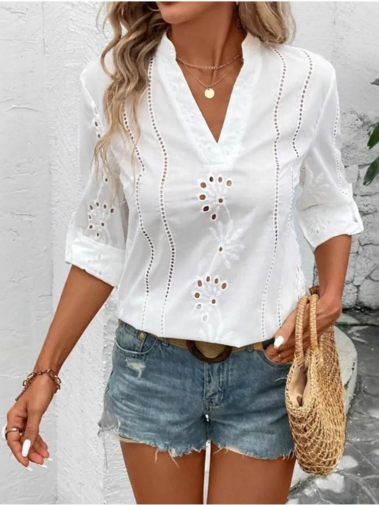 Moda gancho flor oco camisa para mulheres casual branco nove quartos com decote em v pulôver camisas topos senhora férias boho roupas novas