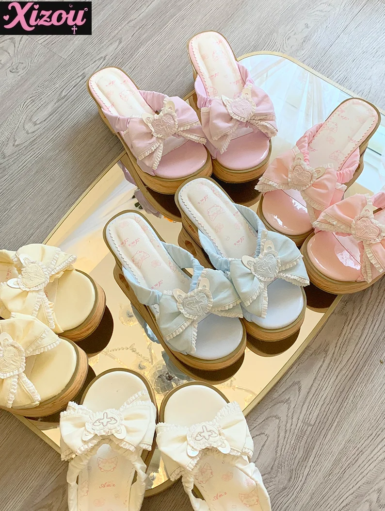 Summer Japanese Girl Wind and Wind Lolita Bow Love Sandals Women Sweet and Cute Kawaii Platform Wood Grain Bottom Sandals Female