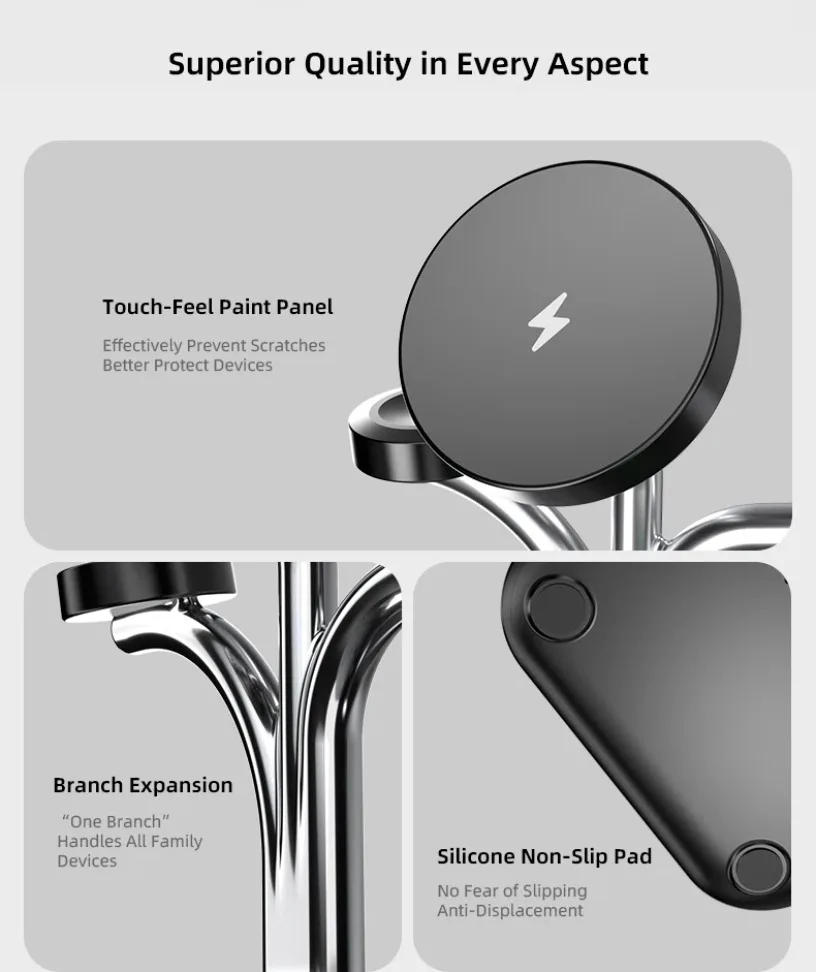 5 IN 1 15W Dual Phone Watch Magnetisches kabelloses Ladegerät Schnellladung für iPhone 17~12 Samsung Apple/Galaxy Watch Aipods Pro/Buds – Detail 12