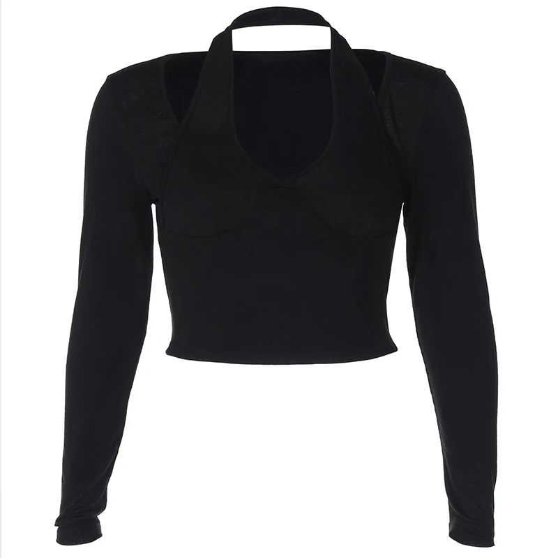 

Europe America Spring Autumn Pure Desire Fashion Top 2025 Deep V-neck Hollow Sexy Solid Color Short Navel Long Sleeve Women Tees