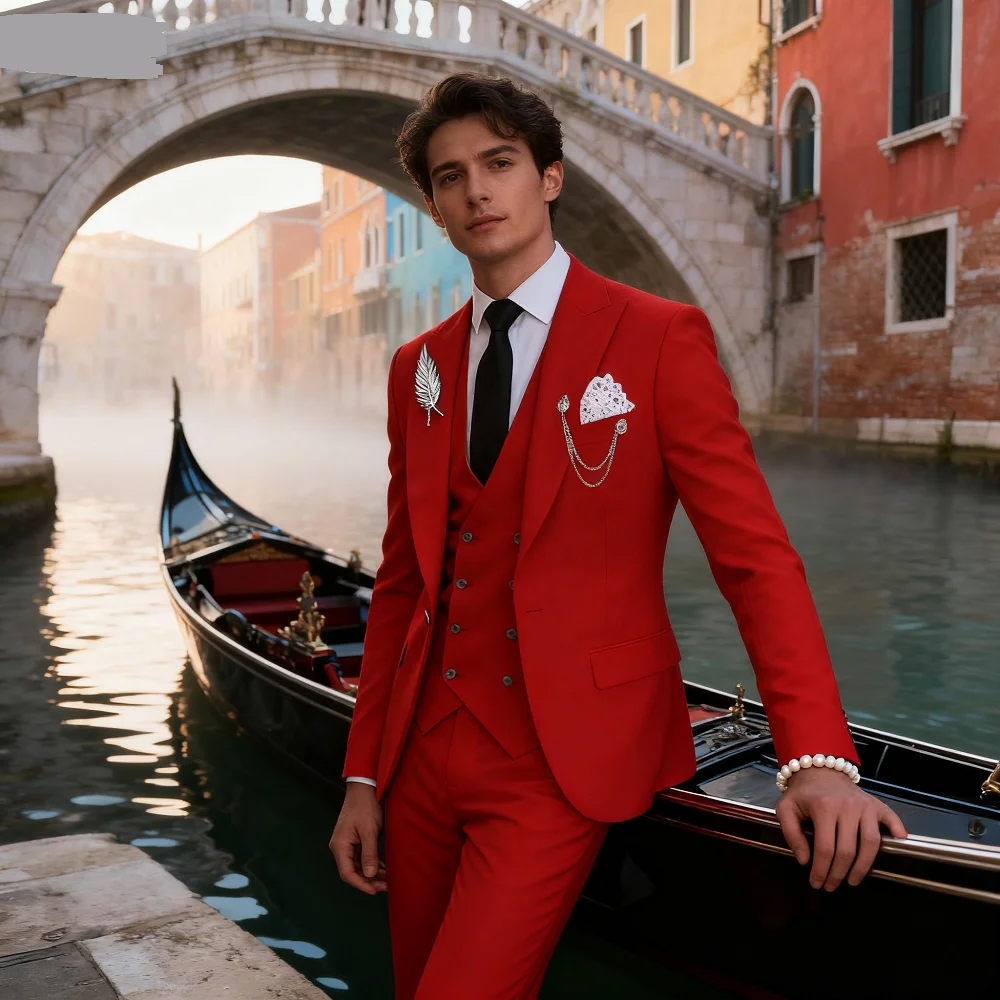 

Elegant Rose Red 3-Piece Slim Fit Men's Suit Double Breasted Blazer Vest Pants Set for Wedding Groom Tuxedo Business Party