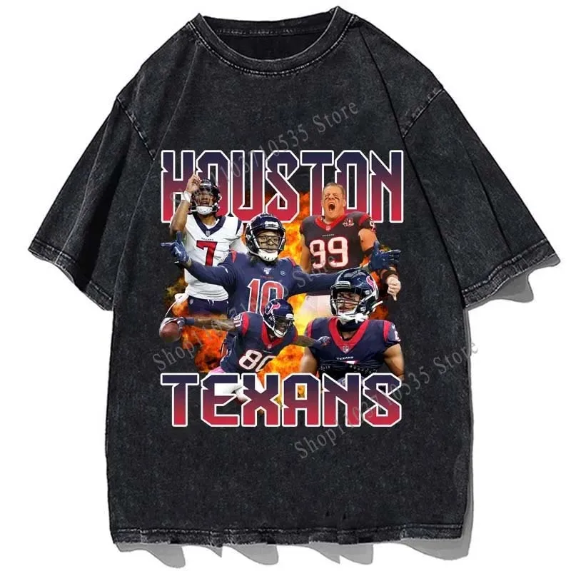 Football Team Houston Texans Printed T-shirt Vintage Cotton Oversize T Shirts Fashion Men Casual Loose O-Neck Tshirt Tops