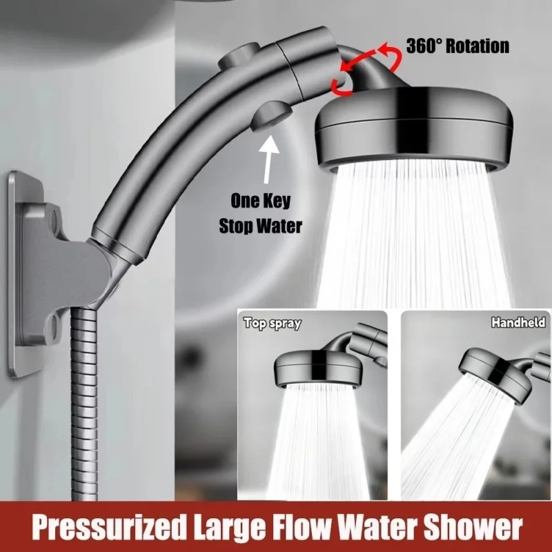 Bathroom Powerful Booster Arc Showerhead,Top Spray&Handheld Shower Head Dual Function 360° Swivel,One-Click Stop,Soft Water Flow