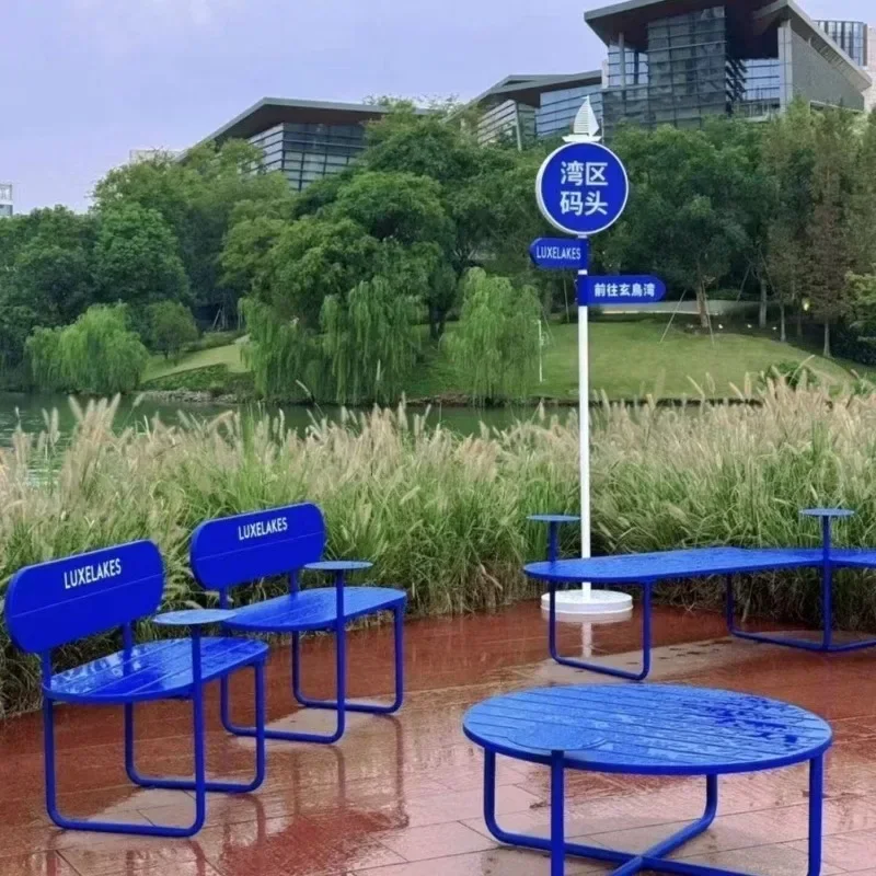 Park leisure benches outdoor metal tables and chairs integrated back chairs Homestay courtyard Internet celebrity clock in creat