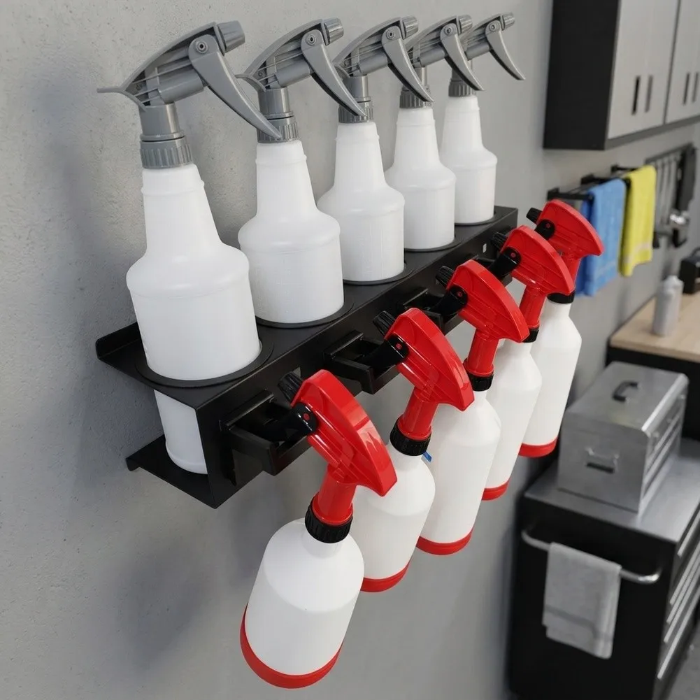 Spray Bottle Storage Rack Wall Mounted 53x11x8.5cm with 5 Dedicated Holes and 5 Sturdy Hooks for Clutter Free Area