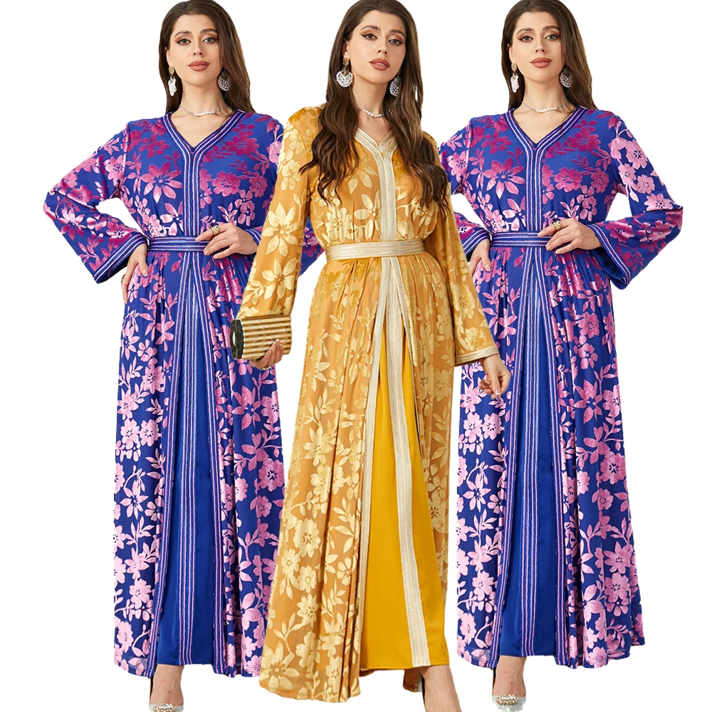 

Elegant Turkish Abayas Muslim 2 Pieces Set Kaftan Dubai Luxury Velvet Arabic Dresses Floral Print Lace Tape Belted Dress Winter