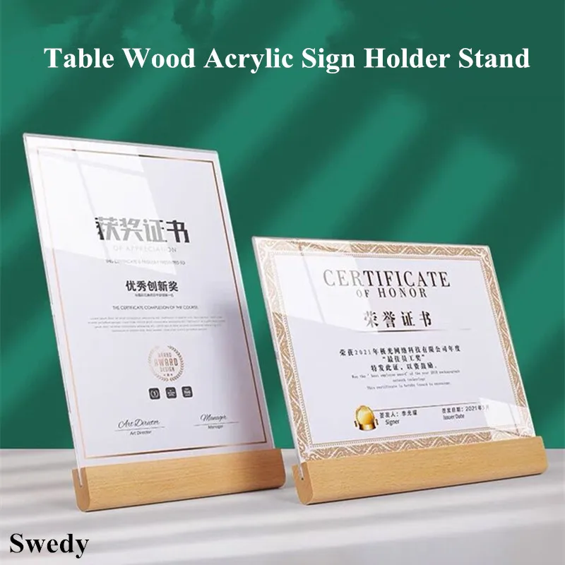 

A6 100X150MM Slanted Wood Base Acrylic Sign Holder Display Stand Restaurant Table Menu Holder Price List Exhibition Poster Frame