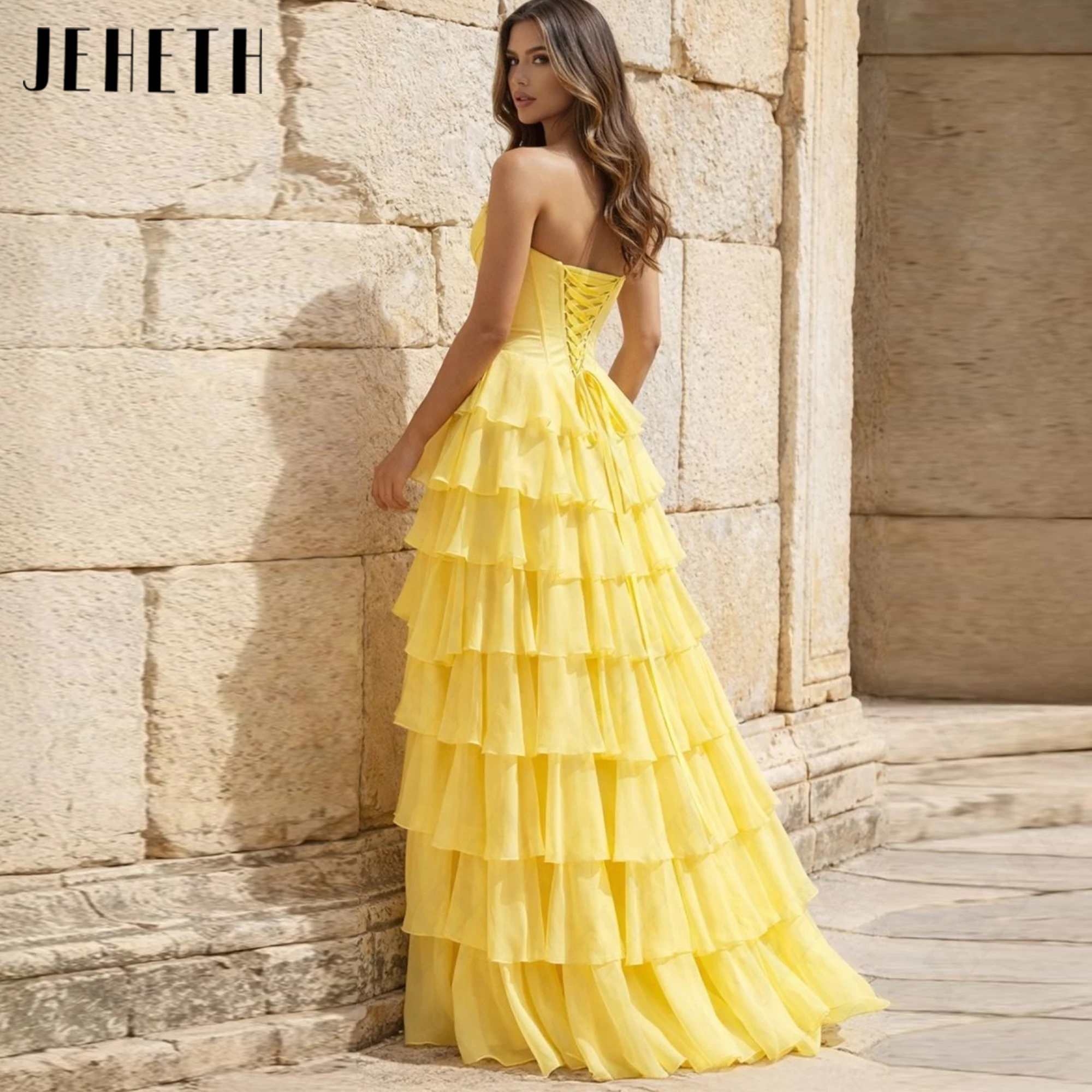 JEHETH Sweetheart Tiered Chiffon Prom Gown 2026 Sleeveless Sexy Customized Evening Dress for Women A-Line Side Slit Party Gowns