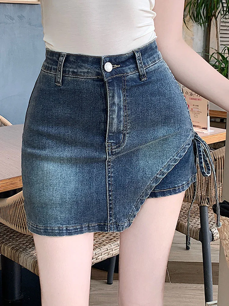 Jupe courte en denim élastique taille haute décontractée pour femmes, irrégulière, vêtements à la mode, nouveau, 2024