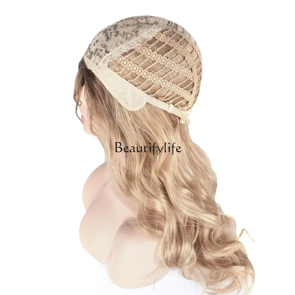 New wig dyed in gold with no bangs, long curly hair, synthetic high-temperature silk, full head cover wholesale