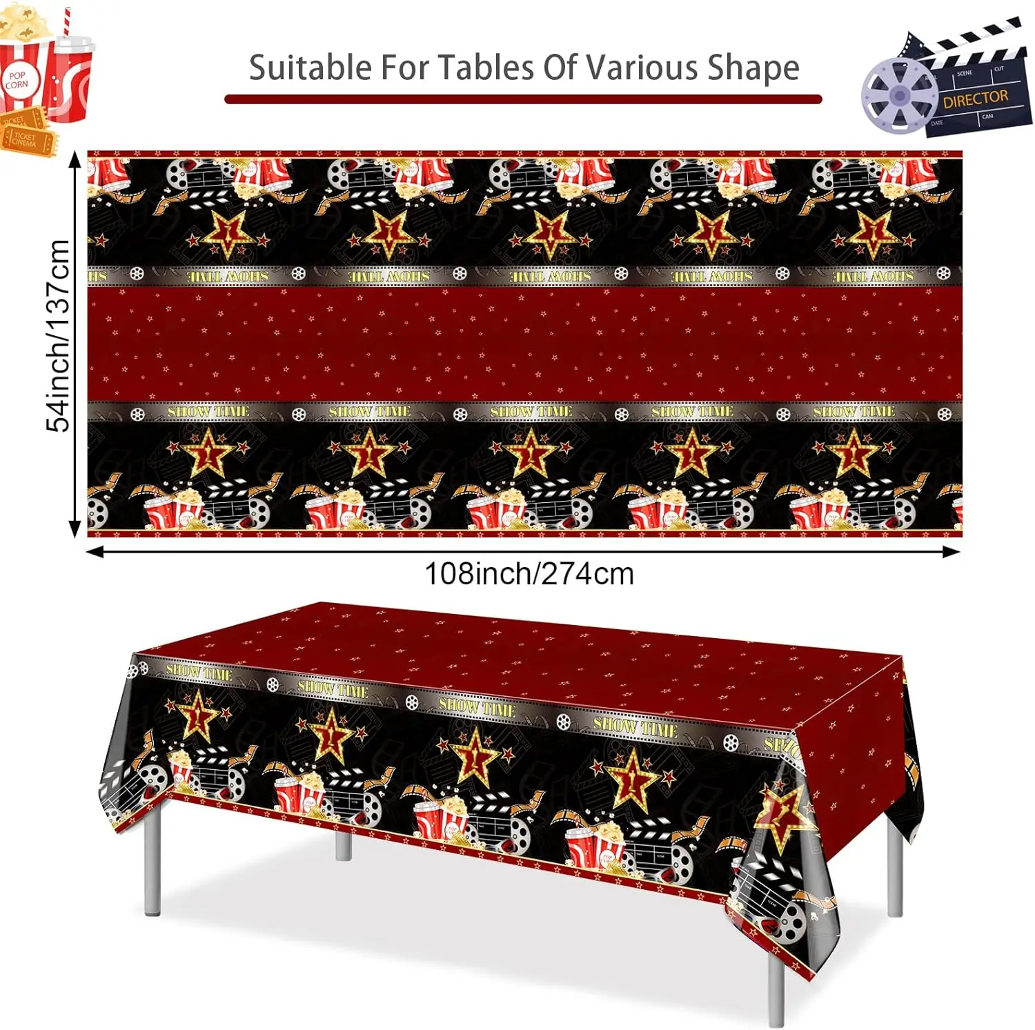 1 Pcs Movie Night Tablecloth for Red Carpet Party Decoration,  Movie Theatre Table Cover Hollywood  Party  54