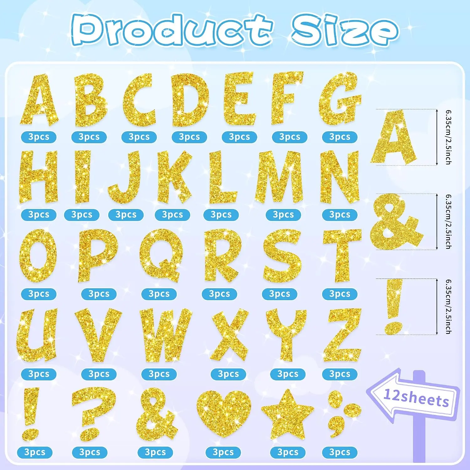 12 Sheets 102Pcs Glitter Gold Bulletin Board Letters,  4 Inch Large Self‑Adhesive Vinyl Alphabet Stickers for Poster Board