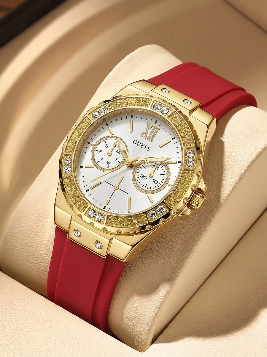 Reloj de cuarzo para mujer Guess, esfera con diamantes de imitación en tono dorado, correa de silicona roja, reloj de pulsera deportivo multifunción resistente al agua para mujer