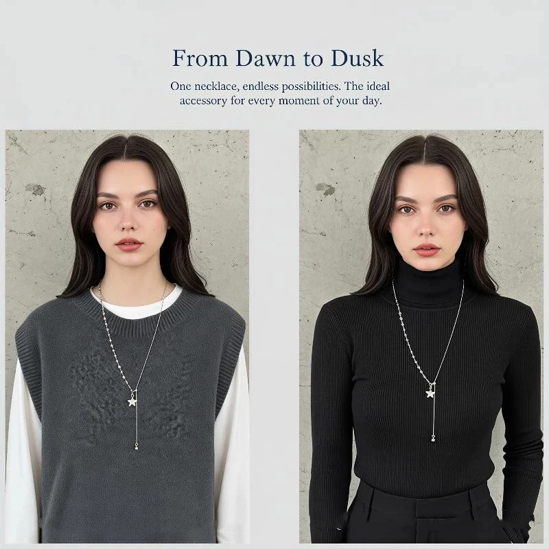 INS Style Silver Asymmetrical Star Pendant Necklace Adjustable Snake Chain Trendy Jewelry for Women Street Wear