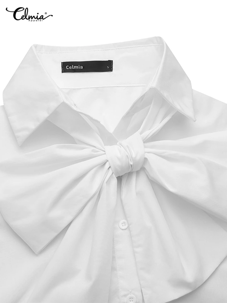 Celmia informal-Blusa de manga larga para verano, camisa blanca elegante con lazo para mujer, color liso, para fiesta, 2022