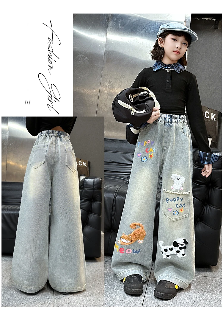 Herbstliche Jeans mit Hundestickerei für Teenager-Mädchen, Junior-Kinder-Denim-Hosen mit weitem Bein, Schul- und Streetwear-Jeans für Kinder im Alter von 5-14 Jahren – Detail 11