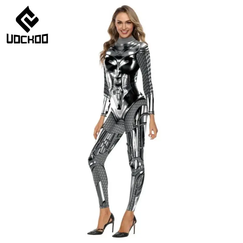 Silver Metallic Printing Jumpsuit Women Sexy Bodysuit Superhero Cosplay Costume Carnival Party Zentai Suit Purim Clothes