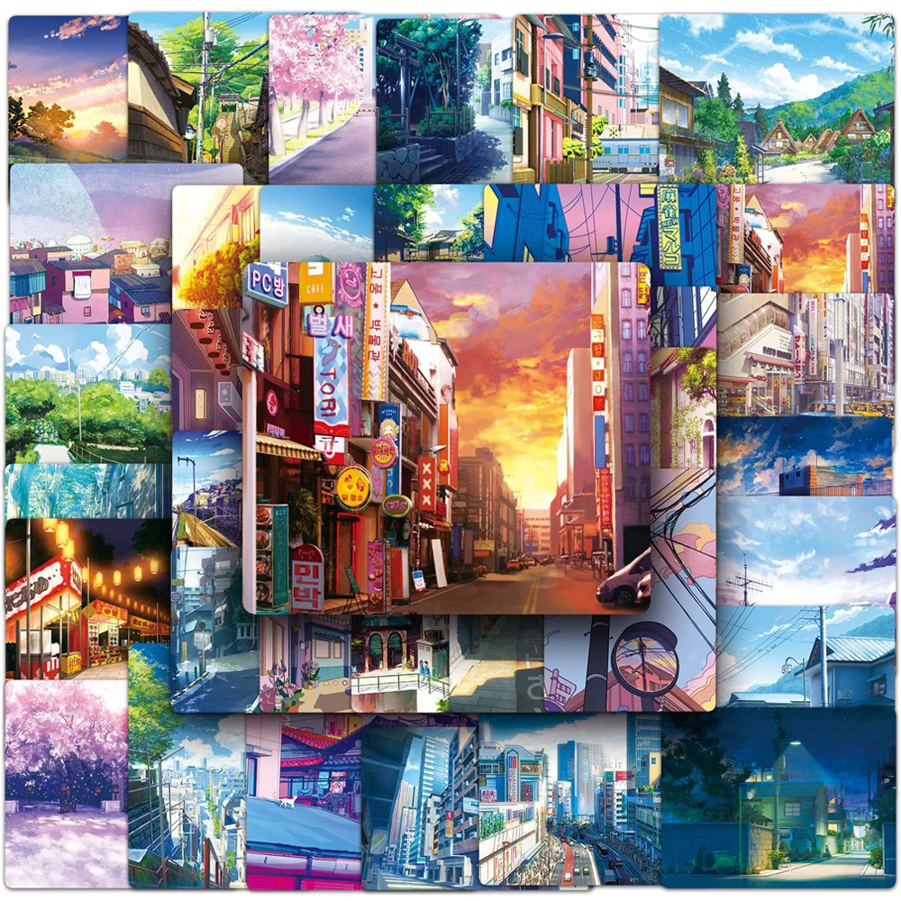 10/30/50pcs Japanese Anime Street View Landscape Stickers Aesthetic Cartoon Graffiti Sticker Phone Diary Guitar Waterproof Decal