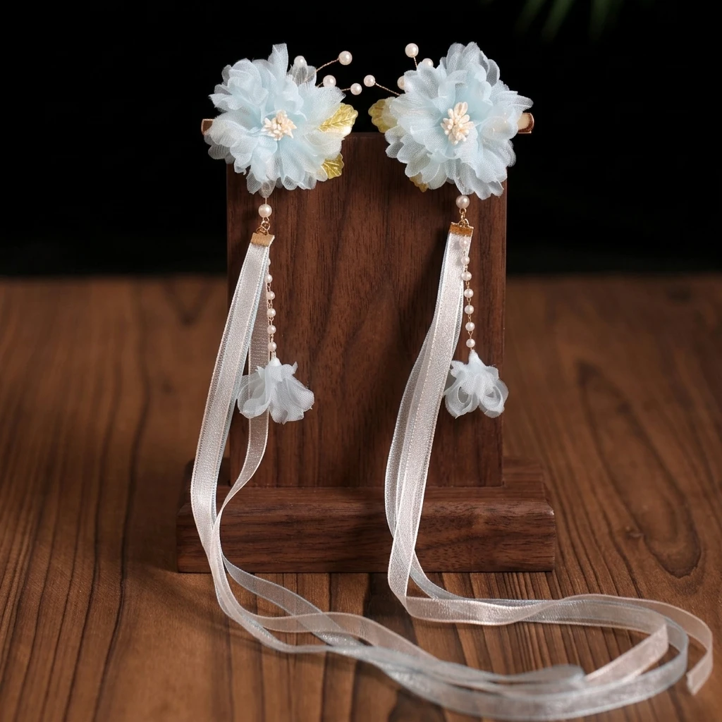 Chiffon-Blumen-Haarspangen, chinesische Hanfu-Haaraccessoires für Frauen, 2 Stück, rosa/blau, florale Quasten-Haarnadel, Retro-Perlen-Haarspangen – Detail 7