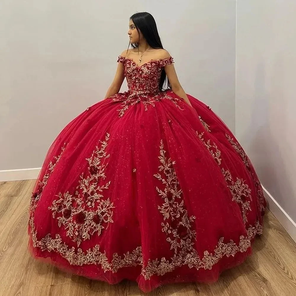 

ANGELSBRIDEP Glitter Burgundy Quinceanera Dresses Off-Shoulder Vestidos De 15 Anos Applique 3D Flower Birthday Party Gowns