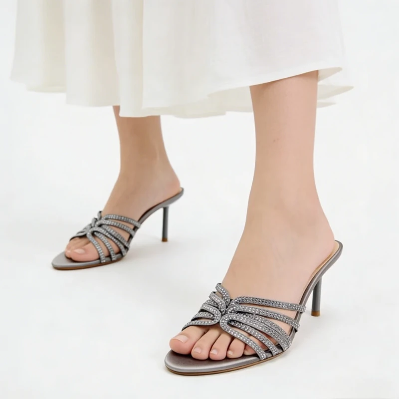 

Shiny Rhinestone Cross-tied Design Stiletto Slippers Women Sexy Pointed-toe Peep-toe Slide Sandals summer Banquet Dress Shoes