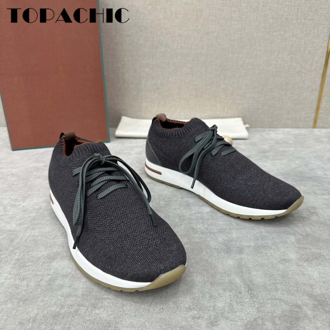 12.5 TOPACHIC Men\'s Round Toe Knitted Sneakers Contrast Color Lace-Up Comfortable Flat Casual Shoes