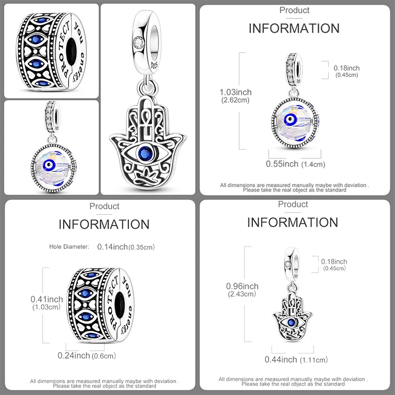 3-teiliges 925 Sterling Silber Hamsa Hand Böser Blick Charm-Set Glücksbringende Blaue Augen-Perlen DIY Armband Halskette Geschenk für Frauen – Detail 2