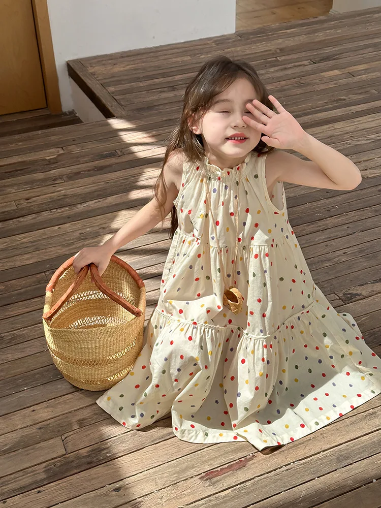 Girls Skirt 2024 New Children Layered Dotted Princess Vest Skirt Girls Big Skirt Sleeveless Holiday Dress Korean Sweet Style