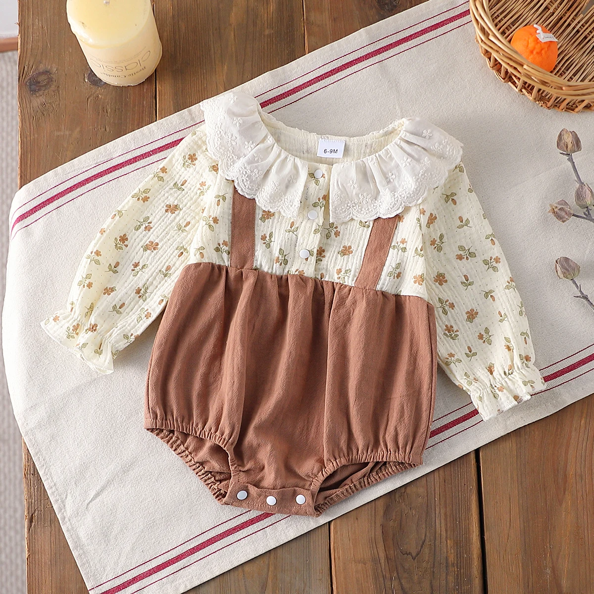 Autumn Female Baby Romper Printed Crinkle Fabric with Frilly Collar Gathered Waist Long Sleeve Cute Baby Girl Outfit