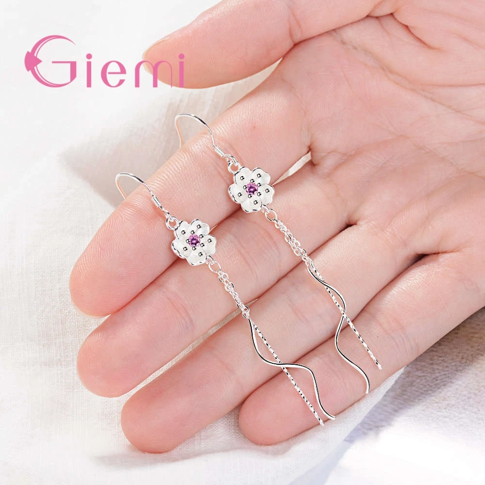 New Arrival Long Earrings 100% 925 Sterling Silver High Quality Pink Cubic Zirconia Pretty Flowers Shape For Women Jewelry
