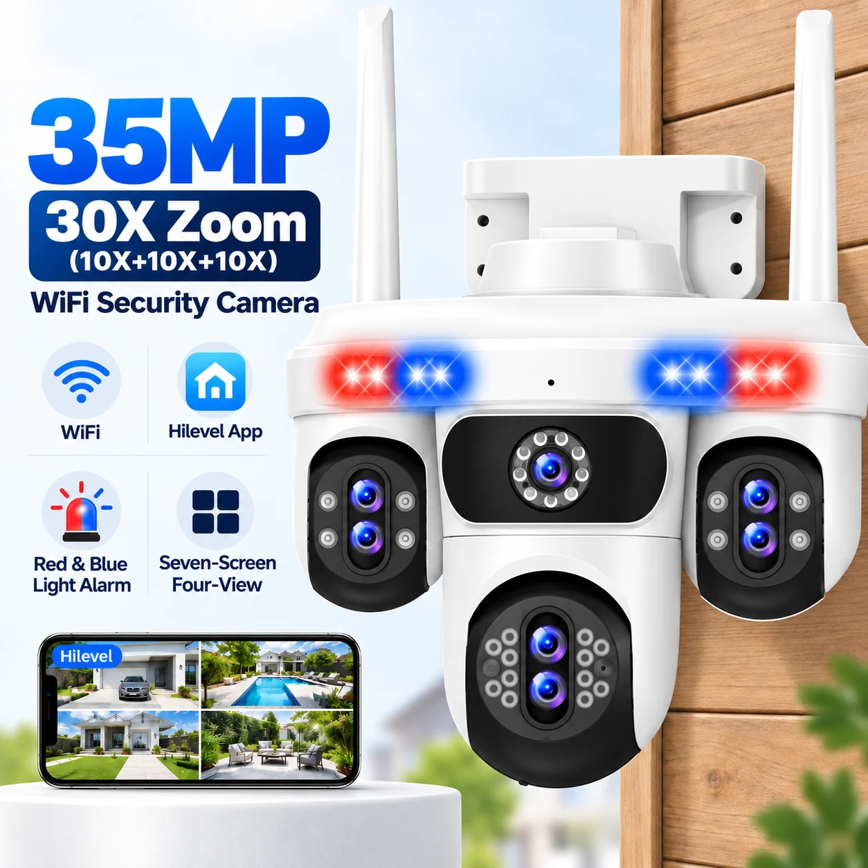 35MP Seven-Lens Four-Screen Outdoor WiFi   Human Detection Two Way Audio Dual Storage Recording Home Security Surveillance Camer