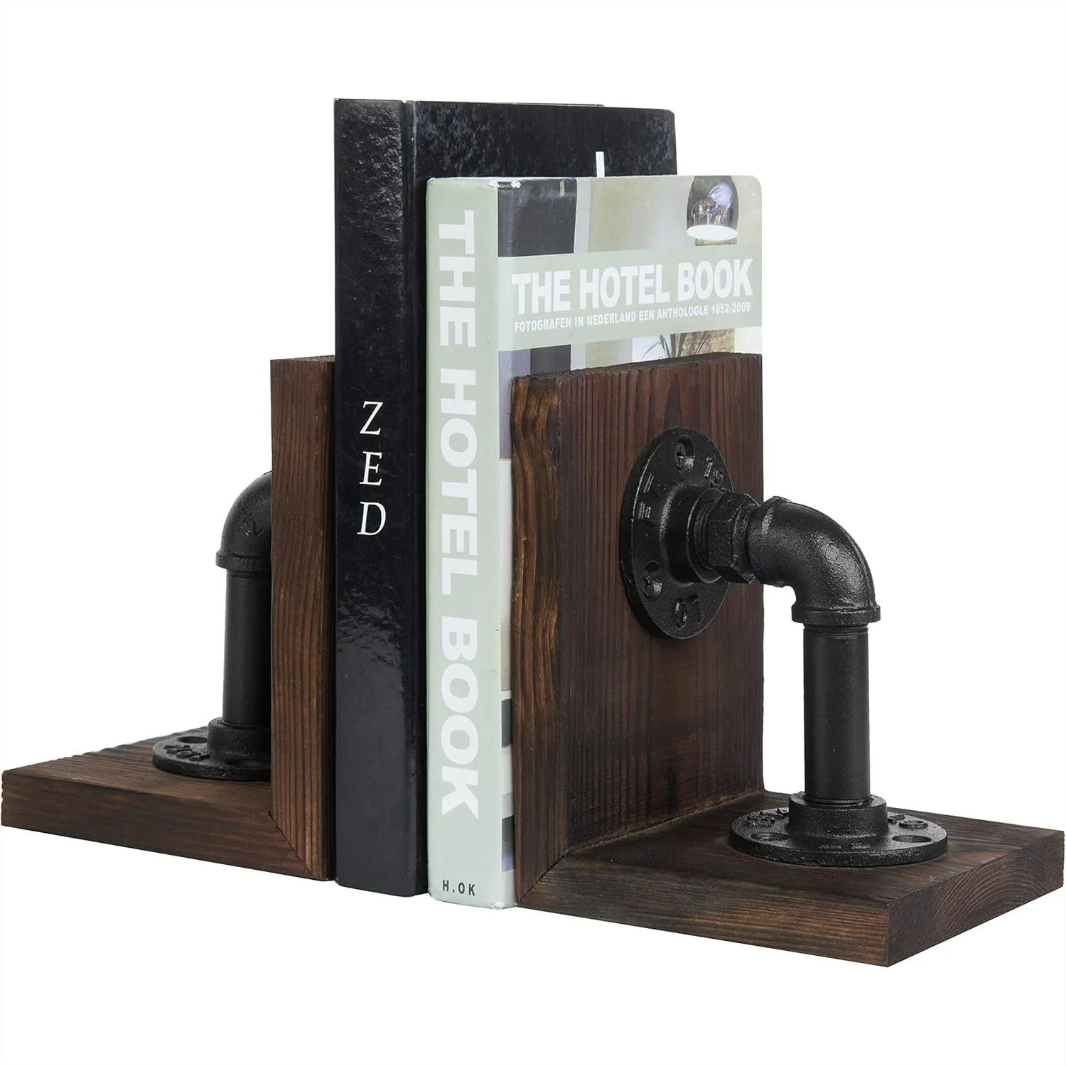 

Industrial Pipe Bookends for Heavy Books, Rustic Wood Book Stopper with Metal Fittings, Office Shelf Decor for Men, Dark Brown