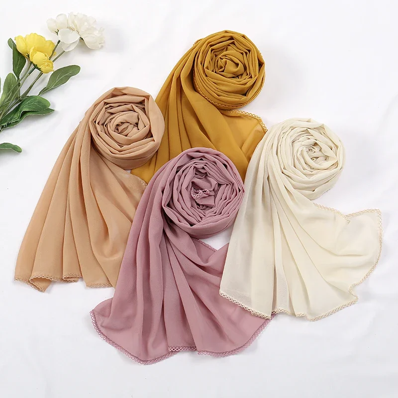 Sciarpa Hijab in Chiffon Premium per donna velo turbante sciarpe con cuciture in pizzo Hijab musulmani tinta unita donna foulard scialle Ramadan