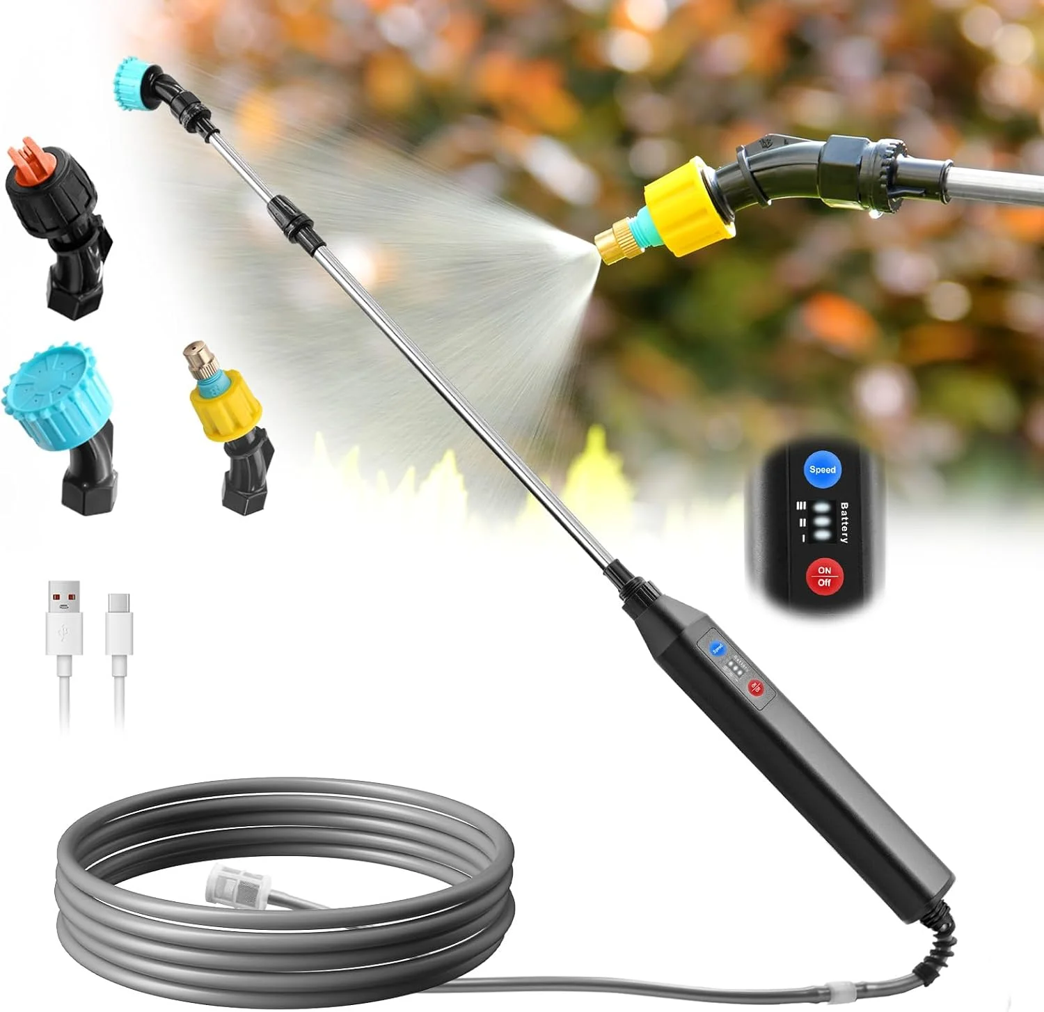 16.4FT Battery-Powered Electric Sprayer Wand Telescopic 3 Spray Forces Battery Indicator for Garden Use Lawn & Garden