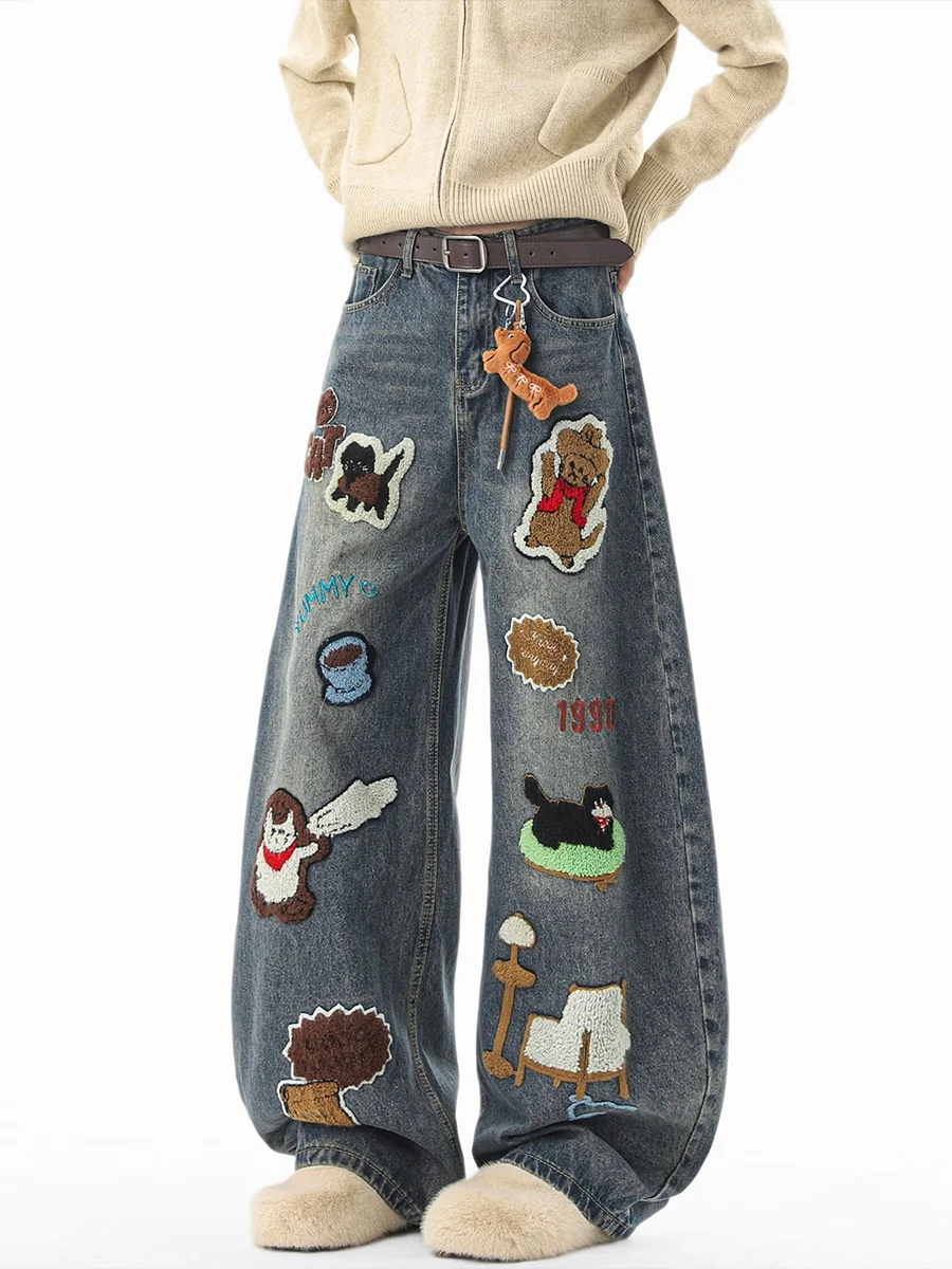 

American Cartoon Embroidered Thi Straight Leg Jeans Men's Autumn Winter Faion High Street Waed Wide Leg Long Trousers