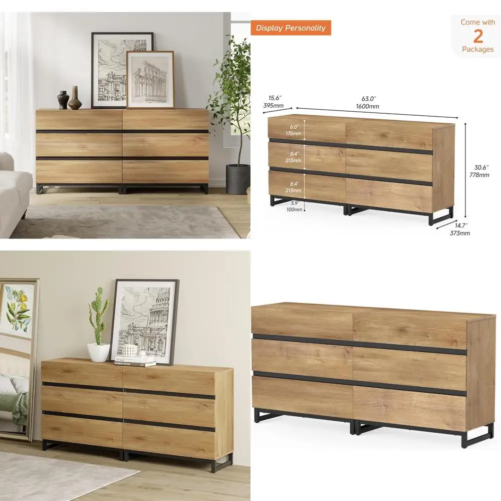 

contemporary wooden 6-drawer bedroom storage chest with metal frame