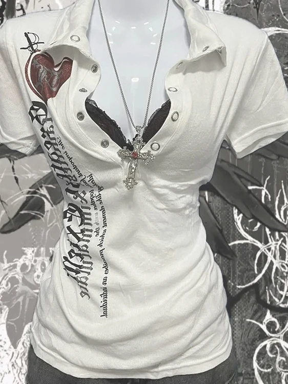 Retro American Hot Girl Print Short Sleeve T-Shirt Women's Summer Slimming Versatile Top Cotton Polyester Korean Style Commute