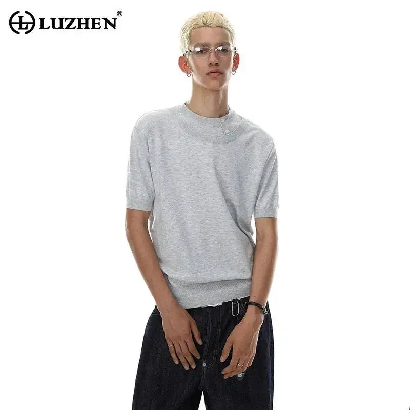 LUZHEN 2026 Summer Double Round Neck Solid Color Short Sleeve T-shirts Men's Original Elastic Waist Handsome Casual Tops JY7673