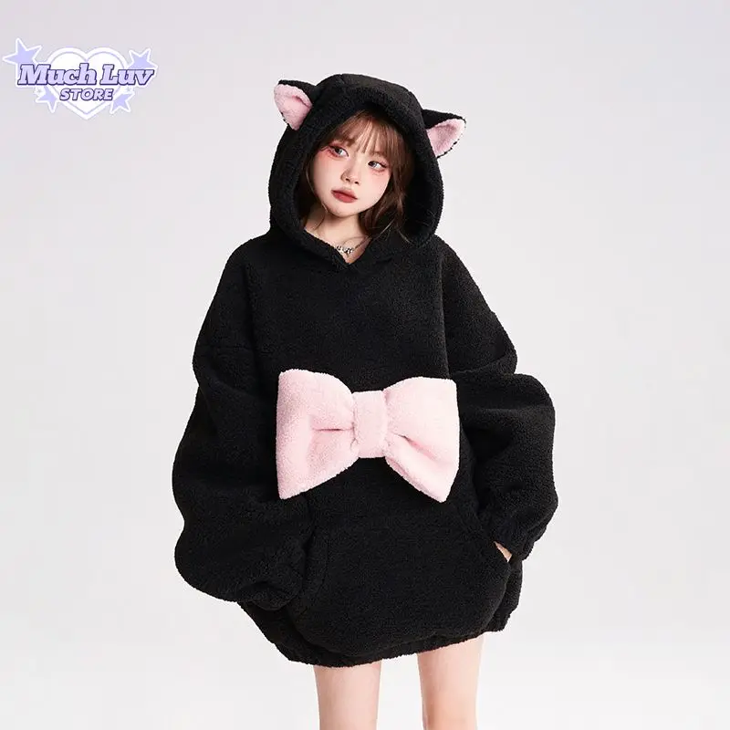 

Cute Kitten Ear Bow Thickened Hooded Sweater for Men and Women Autumn and Winter Fashion Trend Casual Comfy Couple Top Coat