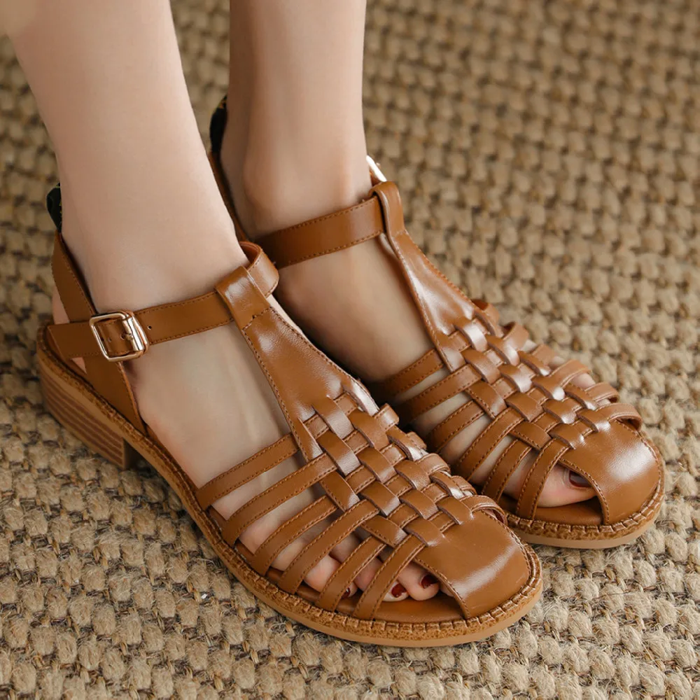 Women\'s Roma style narrow band braided t-strap sandals cow leather round toe hollow-out breathable summer flats shoes for women