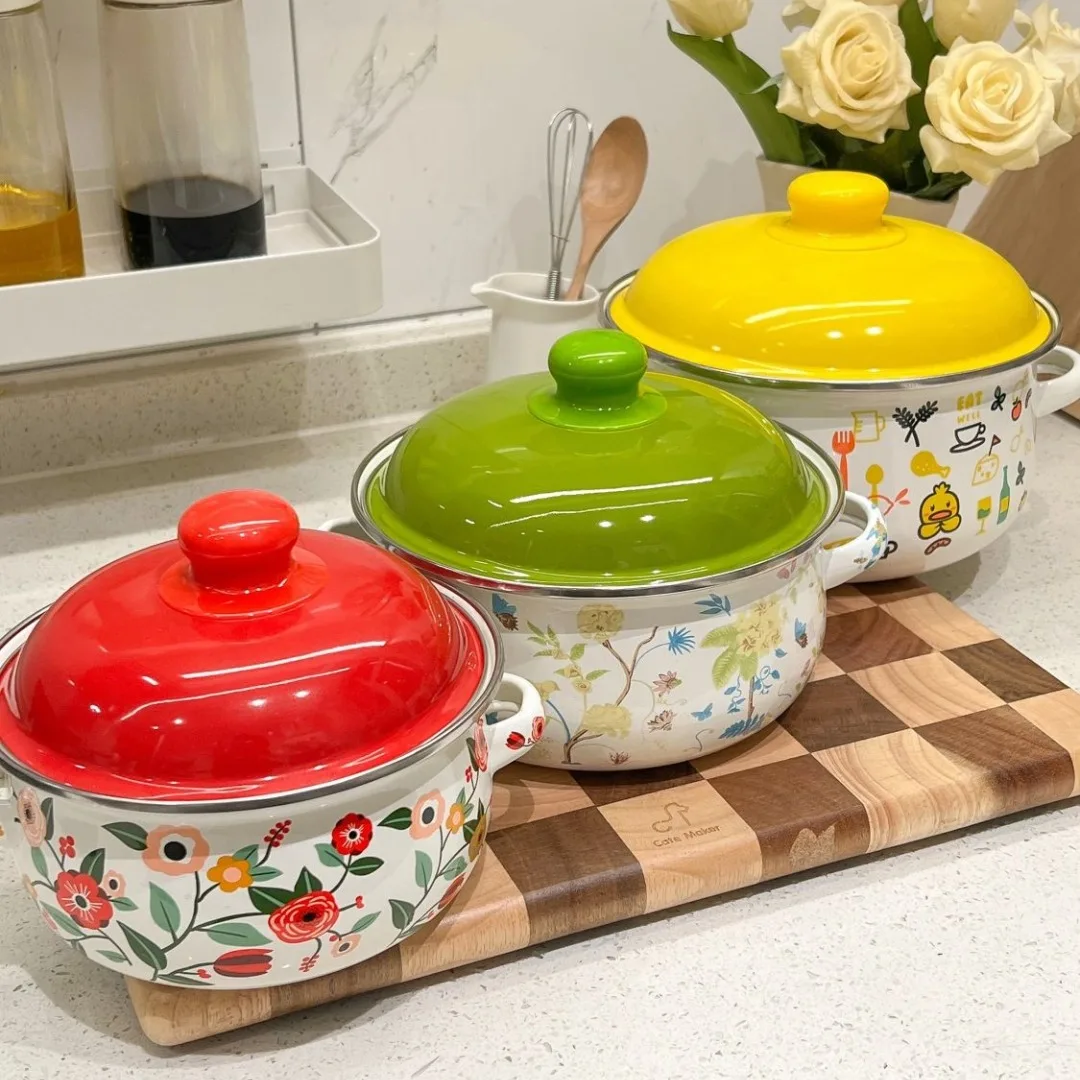 Kitchen Cookware Utensils Set 16/18/20CM Red Yellow and Green Enamelled Pots and Pans, 3-piece Set, Induction Cooktop, Open Fire