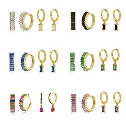 BOAKO 925 Sterling Silver Earring Set Geometric Colorful Zircon Pendant Small Earrings for Women 18K Gold Plated Party Jewelry