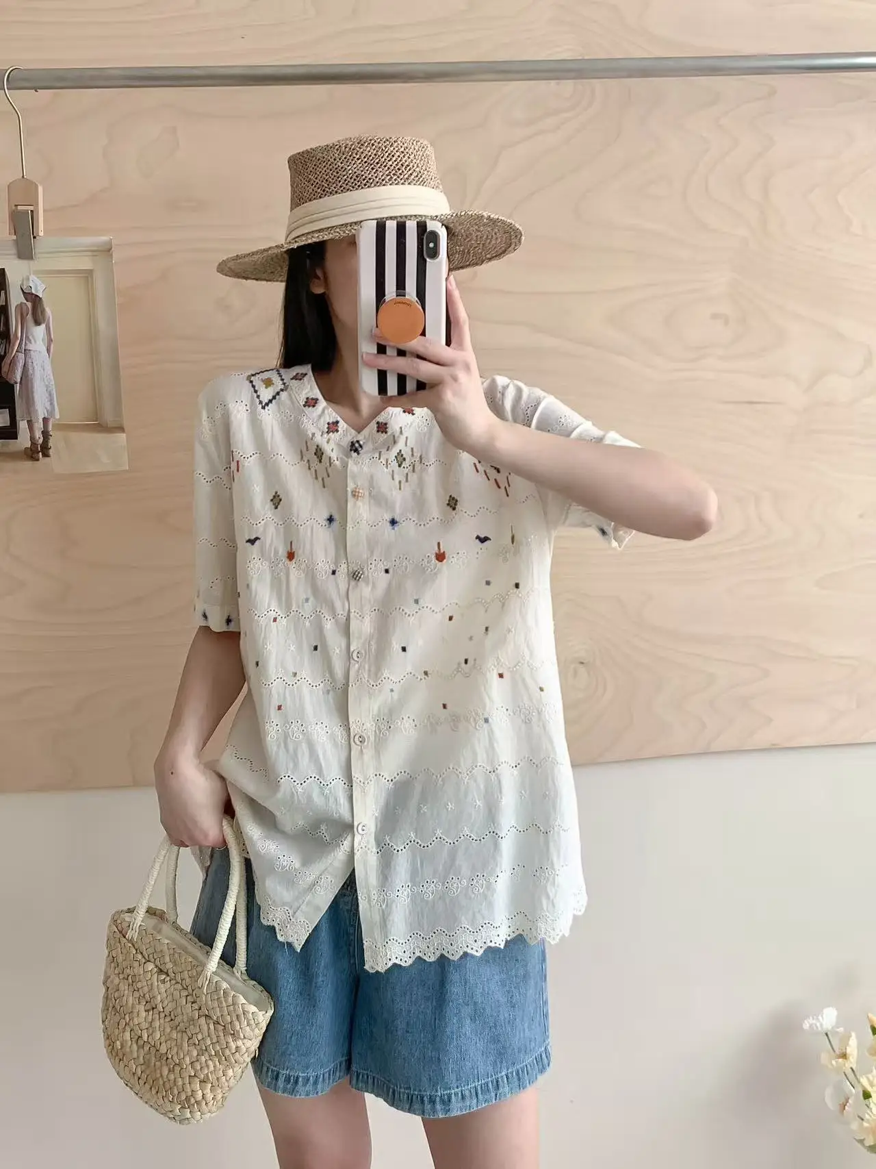 ใหม่2025ฤดูร้อนผ้าฝ้ายแขนสั้นเสื้อผู้หญิงยืนเย็บปักถักร้อย, MoriสาวRetroสไตล์จีนเดินทางเสื้อหลวมT56051CC