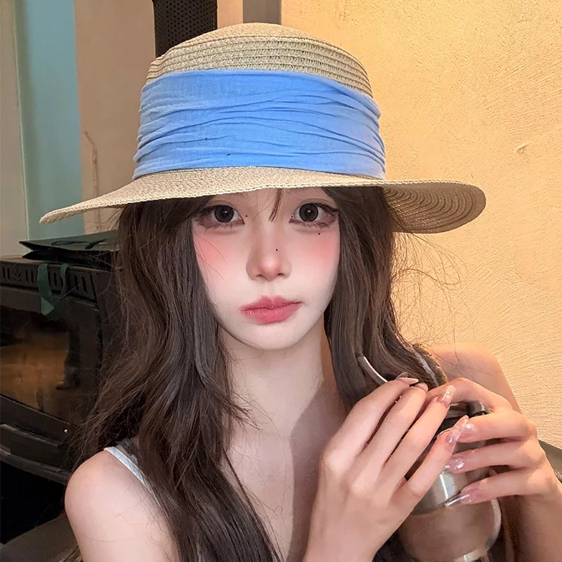 

French-style Flat-brimmed Straw Hat Women's Sun Protection Hats for Beach Vacations Elegant Wide-strap Hat Sun Hat Wide Eaves
