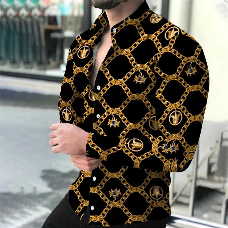 Spring Summer Shirt Men\'s Fashion Novelty Lapel Long Sleeve Colorful Circle Chain Top Casual Soft Comfortable Plus Size 2023