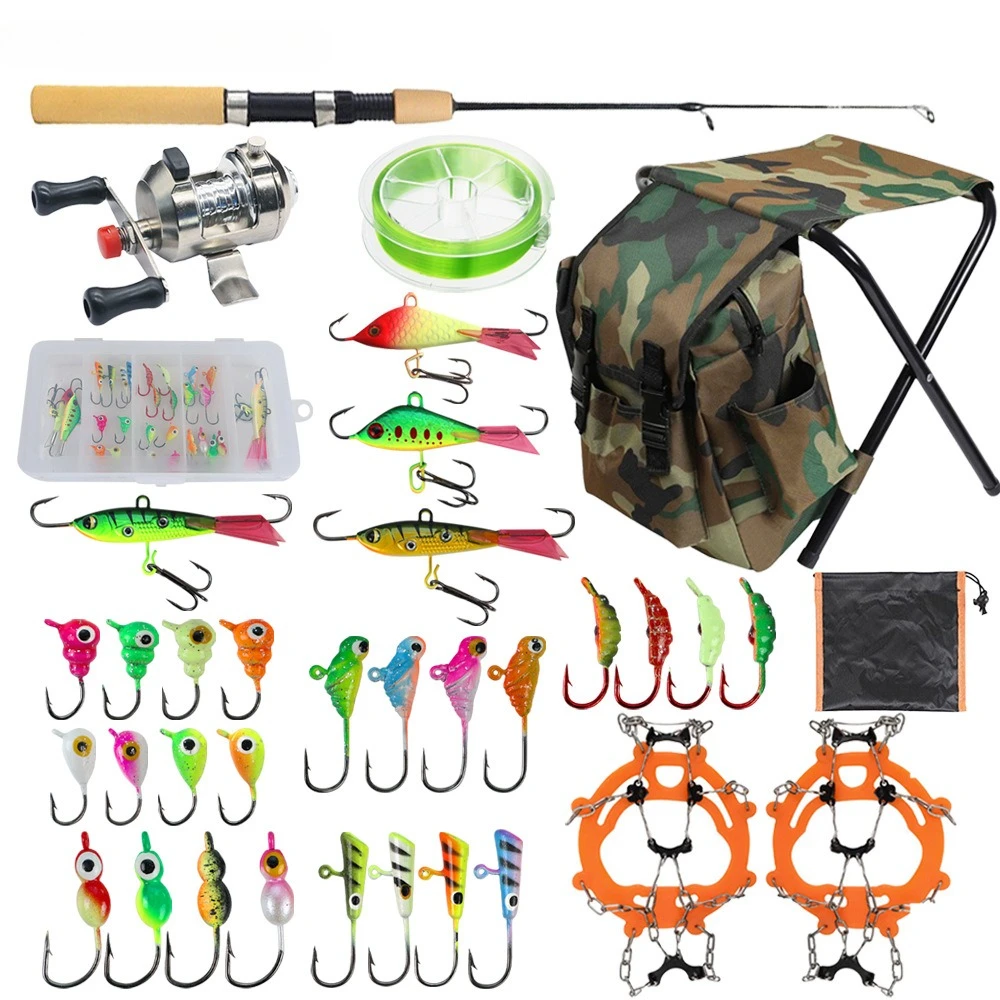 

Ice Fishing Pole Set Full Kits Telescopic Fishing Rod Baitcasting Reel Night Light Jigs Baits Hooks for Winter Outdoor Fishing