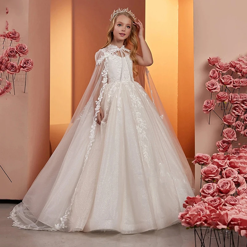 Abito da ragazza di fiori senza maniche per Tulle di pizzo da sposa con mantello Puffy Shining Elegant Princess abiti da compleanno per la prima comunione 2024