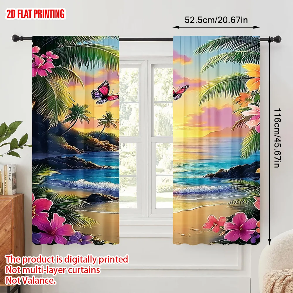2pcs,2D plane printing Popular Curtain Panels Vibrant Flowers & Palms Polyester Easy Install (without rod) Versatile All Use for