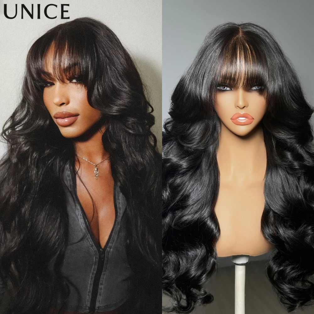 UNice 13x4 Pre-Everything™ Lace Frontal Pull And Go Black Fluffy Natural Loose Wave Curtain Bangs Wig With Free Ear Tape